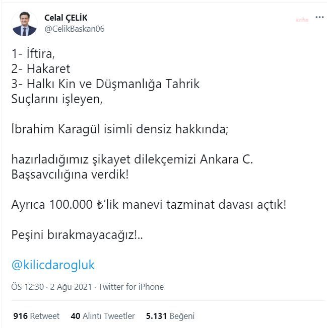 CHP AVUKATI ÇELİK AÇIKLADI:  İBRAHİM KARAGÜL HAKKINDA SUÇ DUYURUSU, 100 BİN LİRALIK TAZMİNAT DAVASI