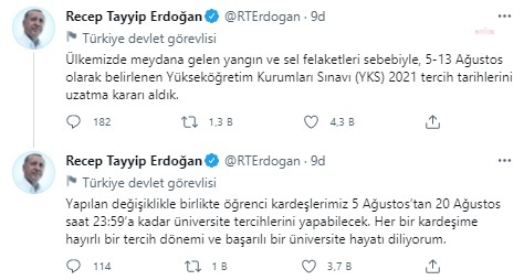 CUMHURBAŞKANI ERDOĞAN: "YANGIN VE SEL FELAKETLERİ NEDENİYLE YKS TERCİH TARİHLERİNİ UZATMA KARARI ALDIK"