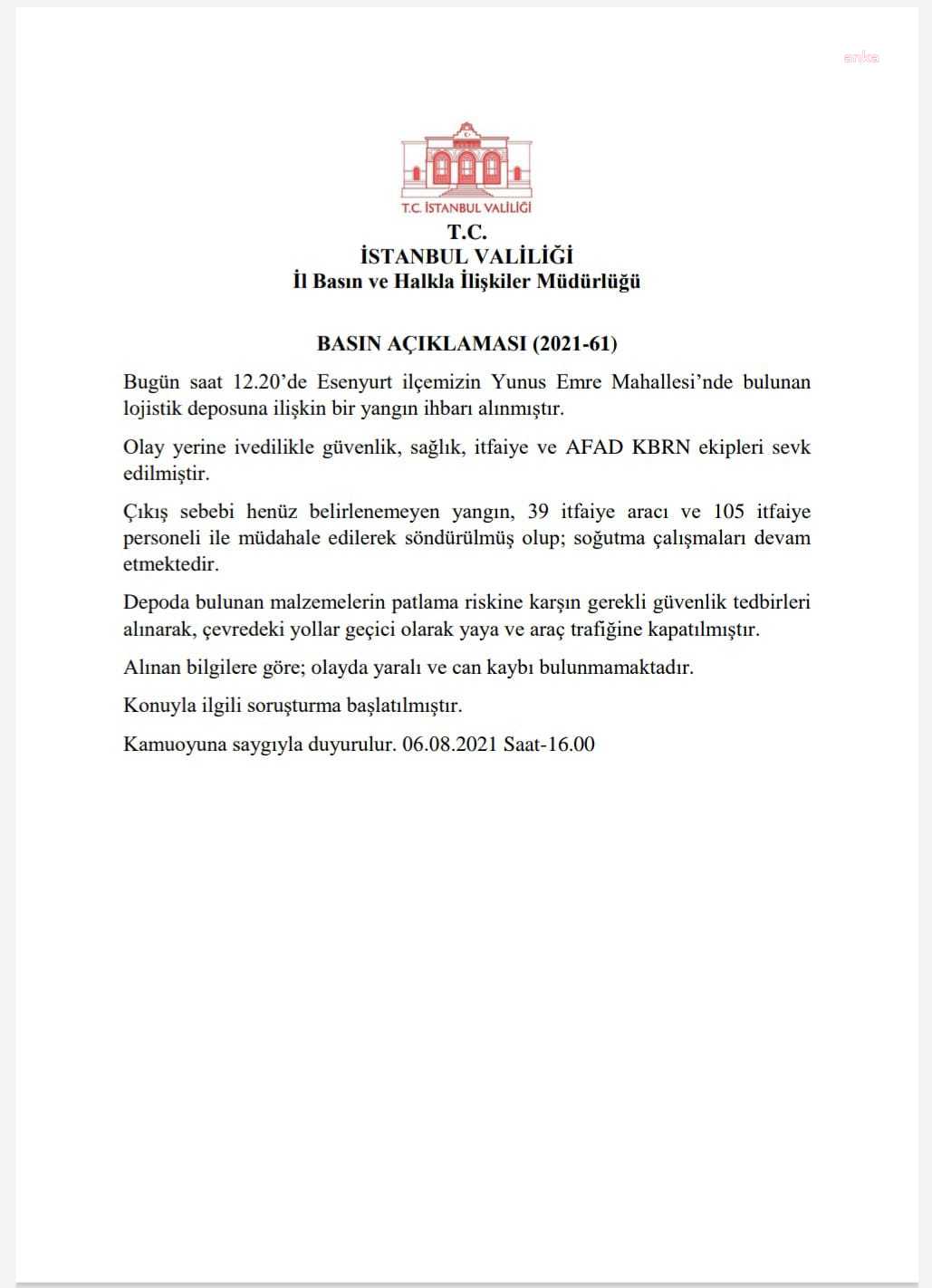 İSTANBUL VALİLİĞİ: ESENYURT'TAKİ YANGIN İLE İLGİLİ SORUŞTURMA BAŞLATILDI