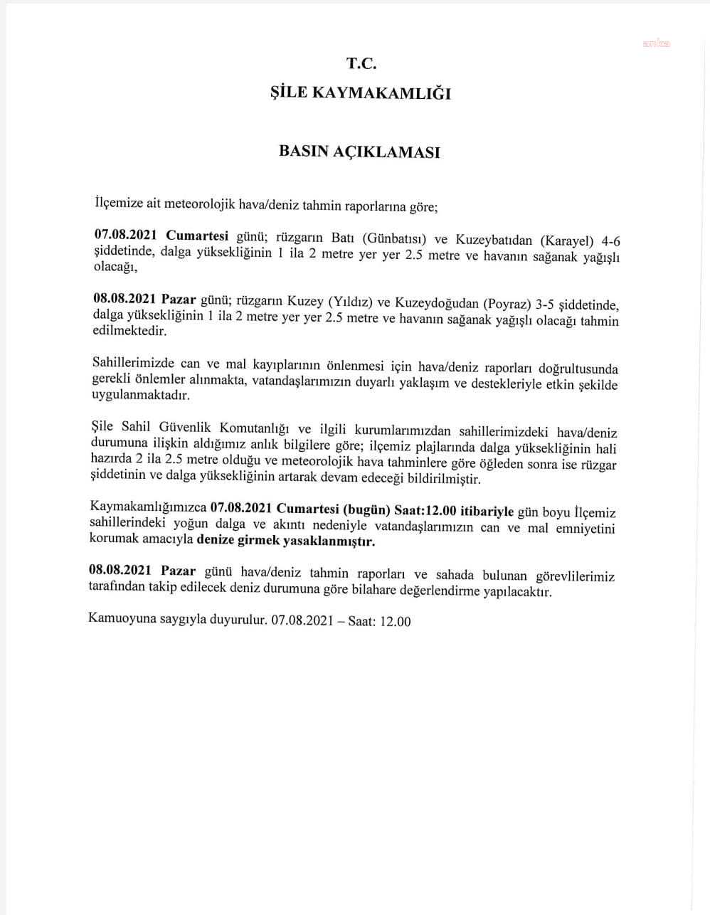 ŞİLE VE BEYKOZ'DA BUGÜN DENİZE GİRMEK YASAKLANDI