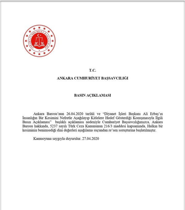 CUMHURİYET BAŞSAVCILIĞI ANKARA BAROSU’NA SORUŞTURMA AÇTI