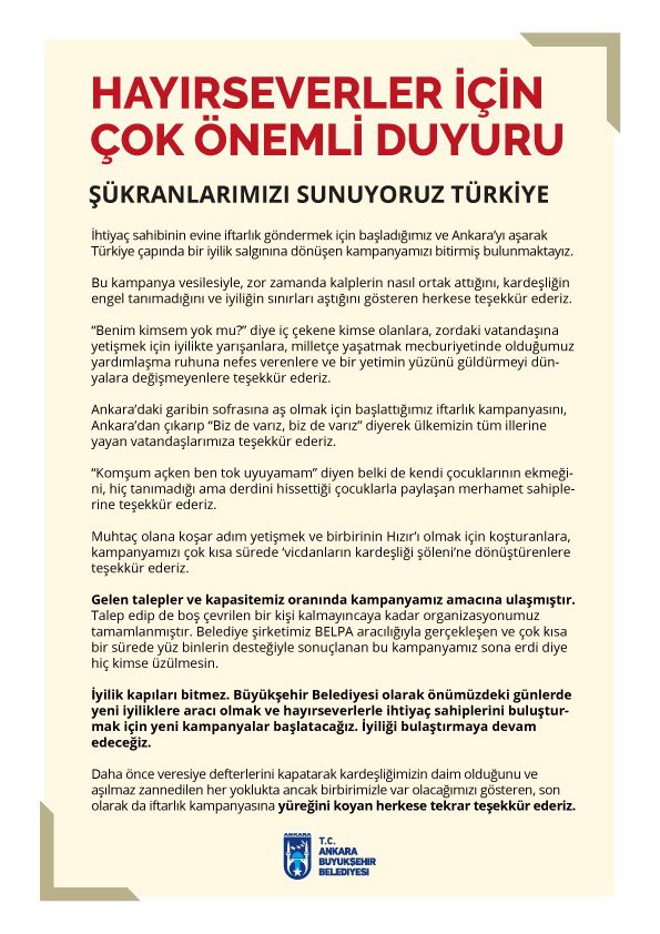 ANKARA BÜYÜKŞEHİR,  "BİR İFTAR DA BENDEN" KAMPANYASININ BİTTİĞİNİ DUYURDU