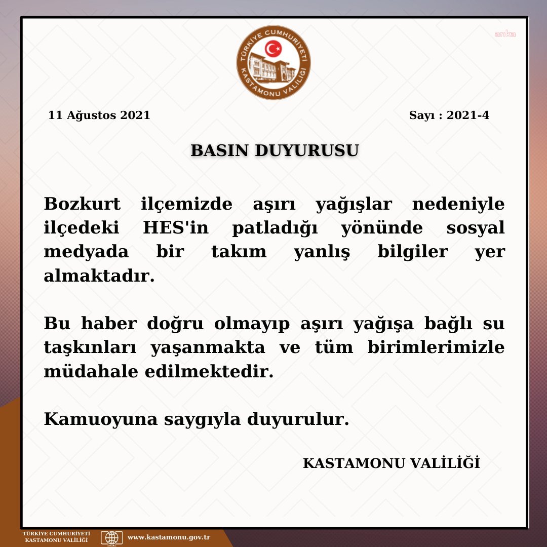 KASTAMONU VALİLİĞİ'NDEN HES AÇIKLAMASI: "BU HABER DOĞRU OLMAYIP, AŞIRI YAĞIŞA BAĞLI SU TAŞKINLARI YAŞANMAKTADIR"