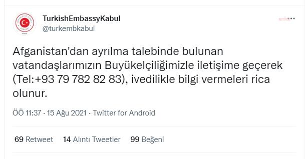TÜRKİYE, AFGANİSTAN'DAN AYRILMAK İSTEYEN VATANDAŞLAR İÇİN TELEFON NUMARASI PAYLAŞTI