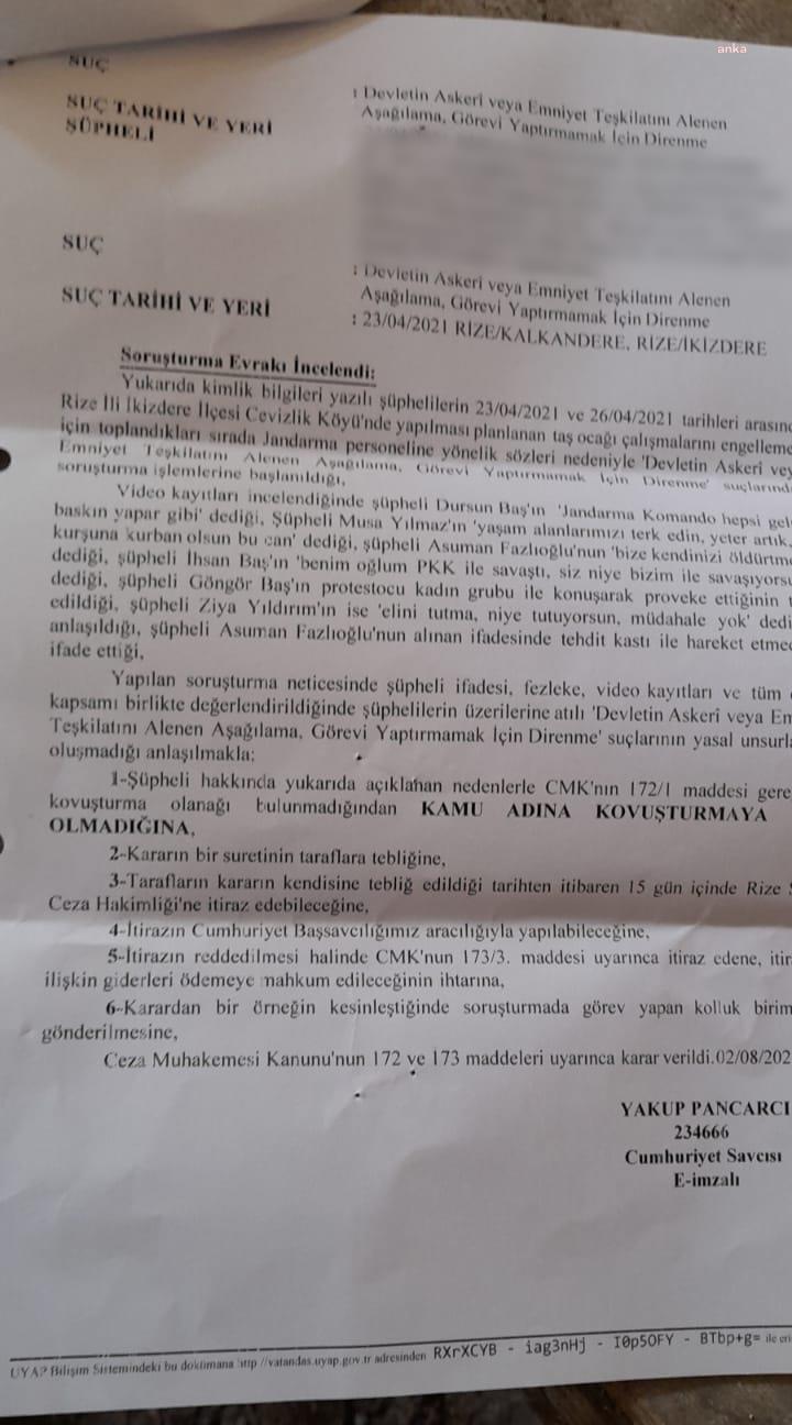 İSKENCEDERE DİRENİŞÇİLERİNDEN 6 KİŞİ HAKKINDA KOVUŞTURMAYA YER OLMADIĞINA KARAR VERİLDİ