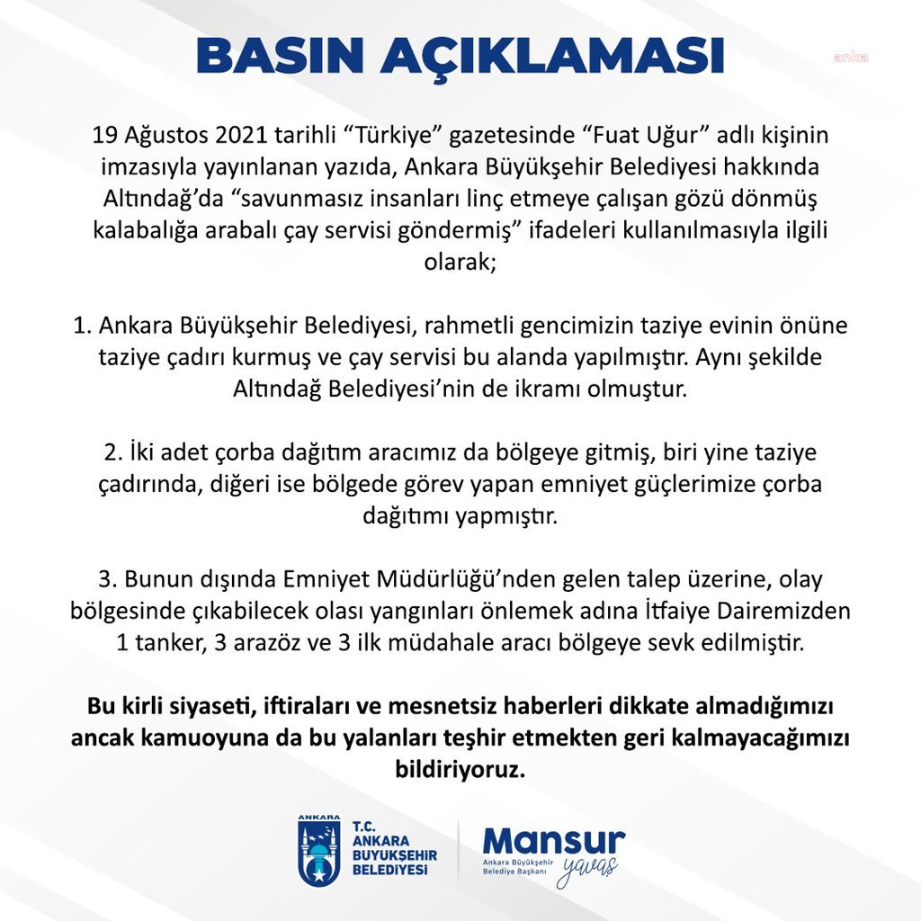 ABB'DEN "ALTINDAĞ'DA ARABALI ÇAY SERVİSİ" YAZISINA YANIT: "RAHMETLİ GENCİMİZİN EVİNİN ÖNÜNE TAZİYE ÇADIRI KURULMUŞTUR"