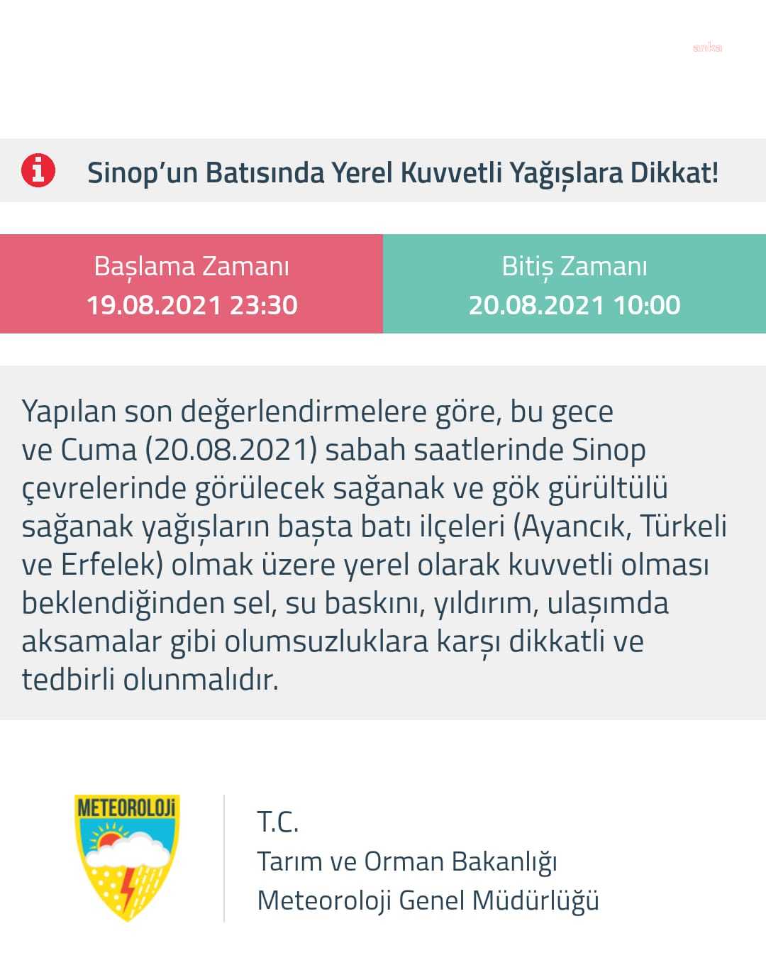 METEOROLOJİ, SİNOP'UN BATISI İÇİN KUVVETLİ YAĞIŞ UYARISI YAPTI