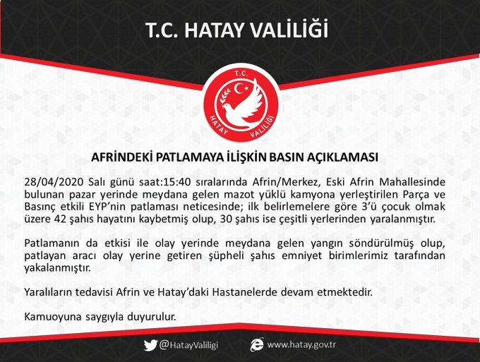 HATAY VALİLİĞİ: AFRİN’DE EYP İLE PATLATILAN ARACI GETİREN ŞÜPHELİ YAKALANDI