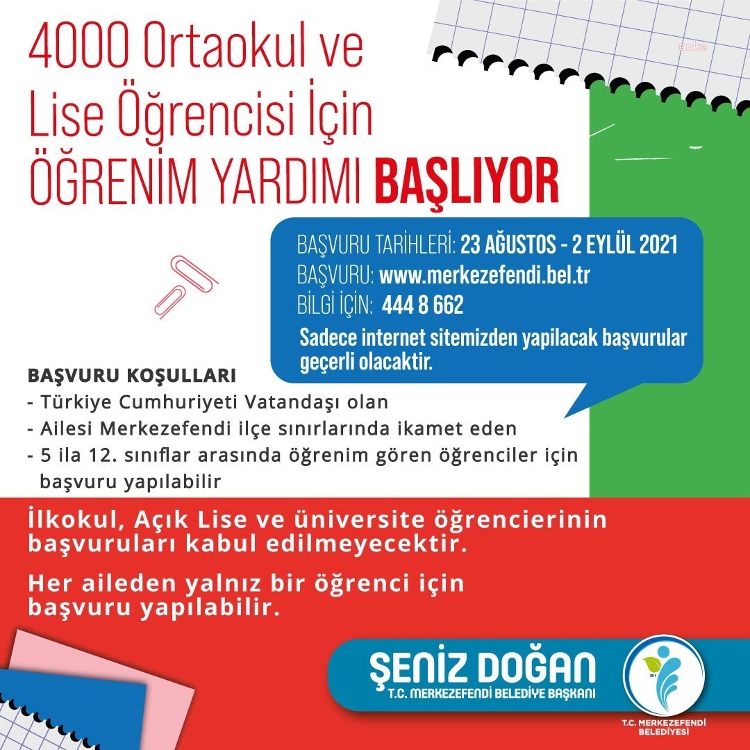 MERKEZEFENDİ BELEDİYESİ’NİN ÖĞRENİM YARDIMI İÇİN BAŞVURULAR BAŞLADI