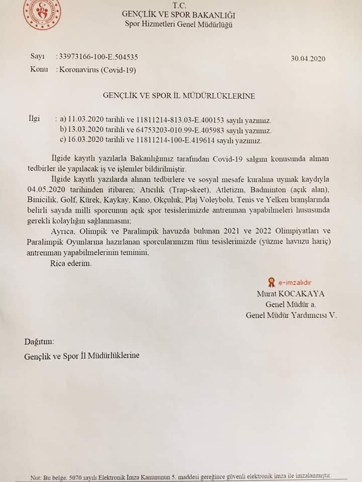 MİLLİ SPORCULARA 4 MAYIS’TAN İTİBAREN ANTREMAN İZNİ