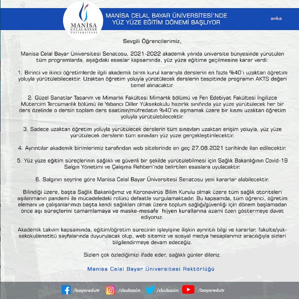 MANİSA CELAL BAYAR ÜNİVERSİTESİ YÜZ YÜZE EĞİTİM KARARI ALDI