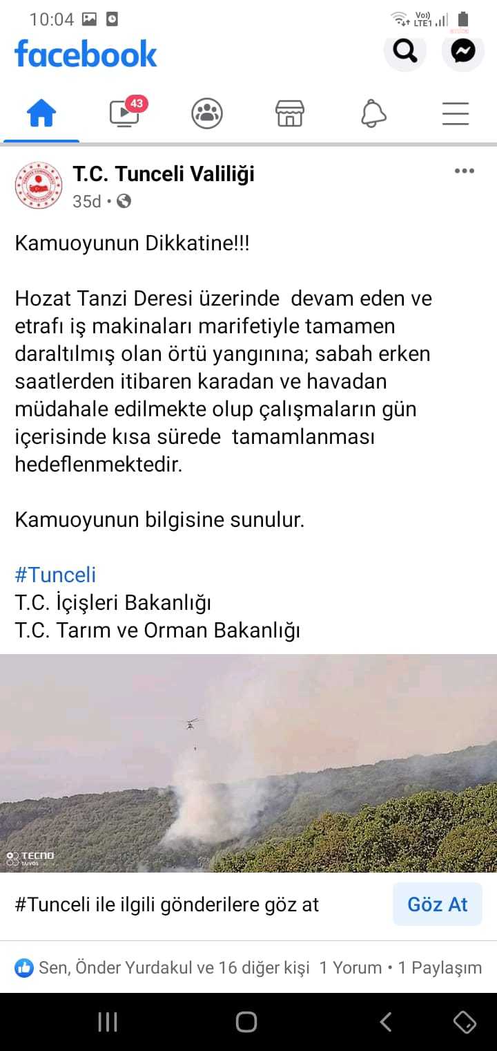 TUNCELİ VALİLİĞİ HOZAT'TAKİ YANGINA HAVADAN MÜDAHALENİN BAŞLADIĞINI AÇIKLADI