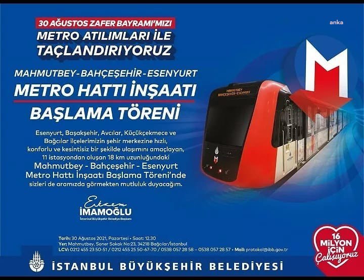 İBB, 30 AĞUSTOS ZAFER BAYRAMI’NDA YENİ METRO HATTININ KAZISINA BAŞLAYACAK