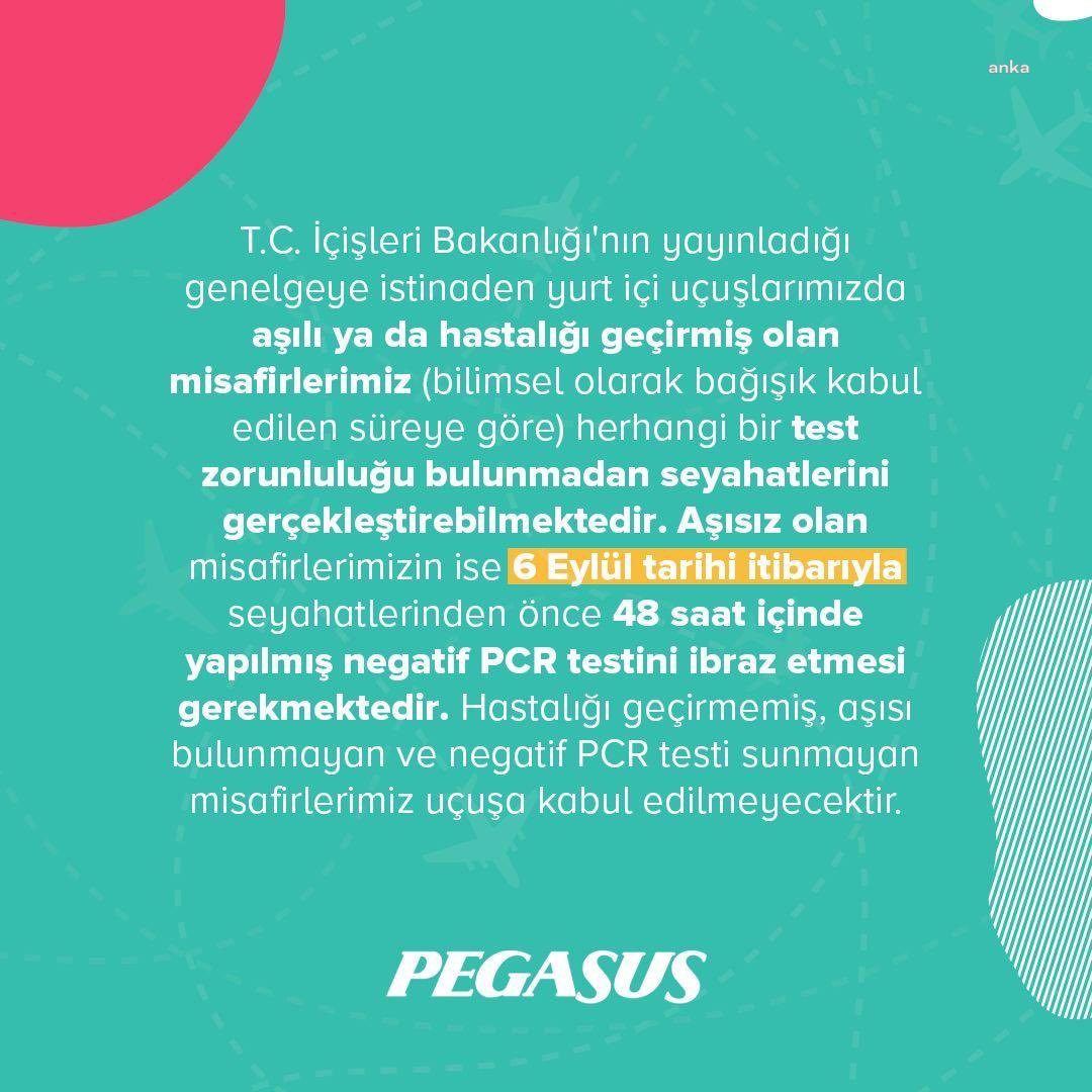 PEGASUS, YURT İÇİ UÇUŞLARDA PCR TESTİ İSTEYECEK