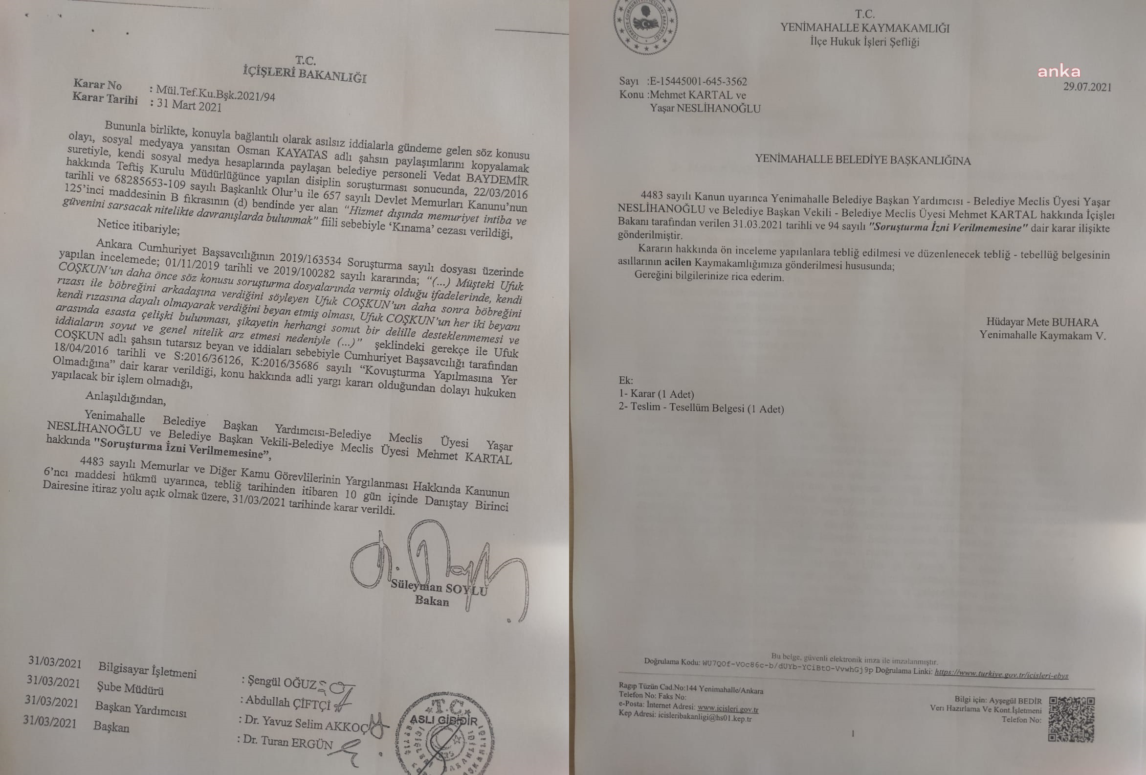 YENİMAHALLE BELEDİYESİ'NDEKİ "BÖBREK NAKLİ" İDDİALARINDA SAVCILIĞIN “TAKİPSİZLİK”, İÇİŞLERİ BAKANLIĞI’NIN “SORUŞTURMAYA YER OLMADIĞI” KARARI VERDİĞİ ORTAYA ÇIKTI