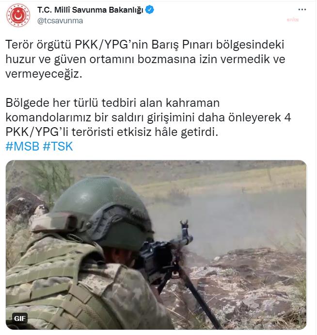 MSB: 4 PKK/YPG’Lİ TERÖRİST ETKİSİZ HALE GETİRİLDİ