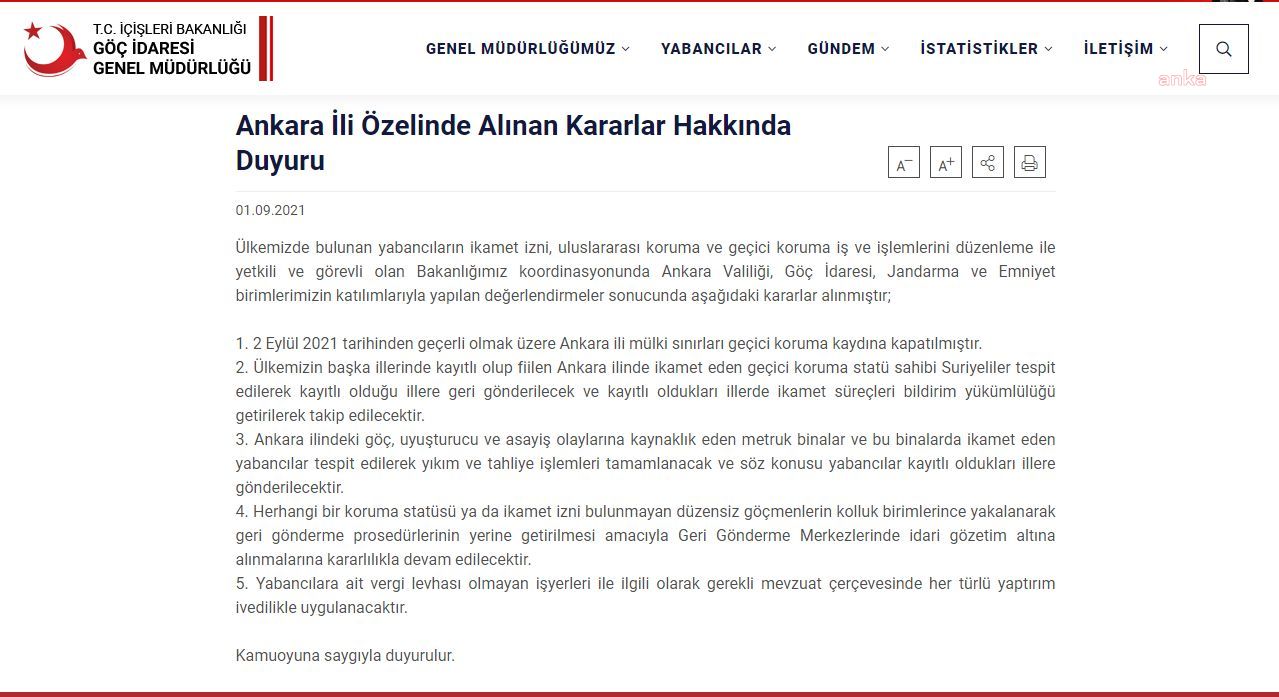 GÖÇ İDARESİ: ANKARA GEÇİCİ KORUMA KAYITLARINA KAPATILDI