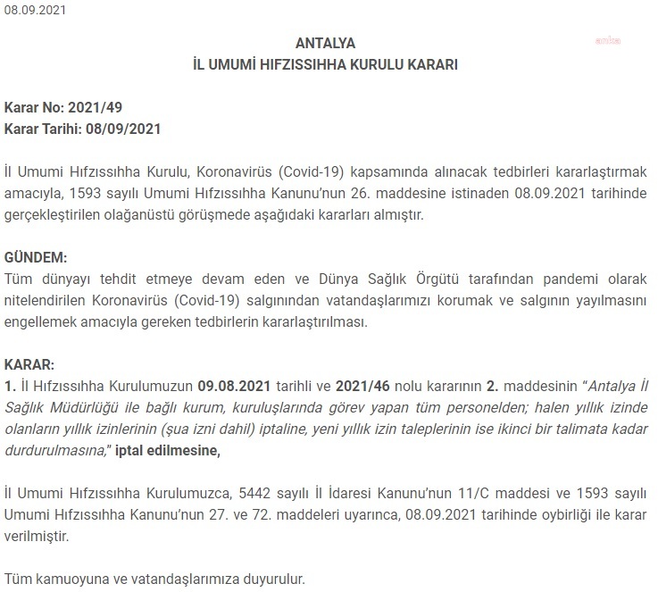 ANTALYA VALİLİĞİ: SAĞLIK ÇALIŞANLARININ İZİNLERİ İPTAL EDİLDİ