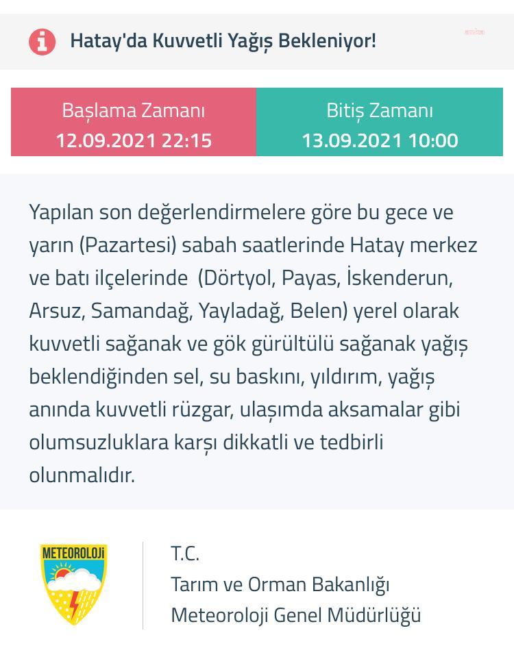 METEOROLOJİ'DEN HATAY İÇİN KUVVETLİ SAĞANAK UYARISI