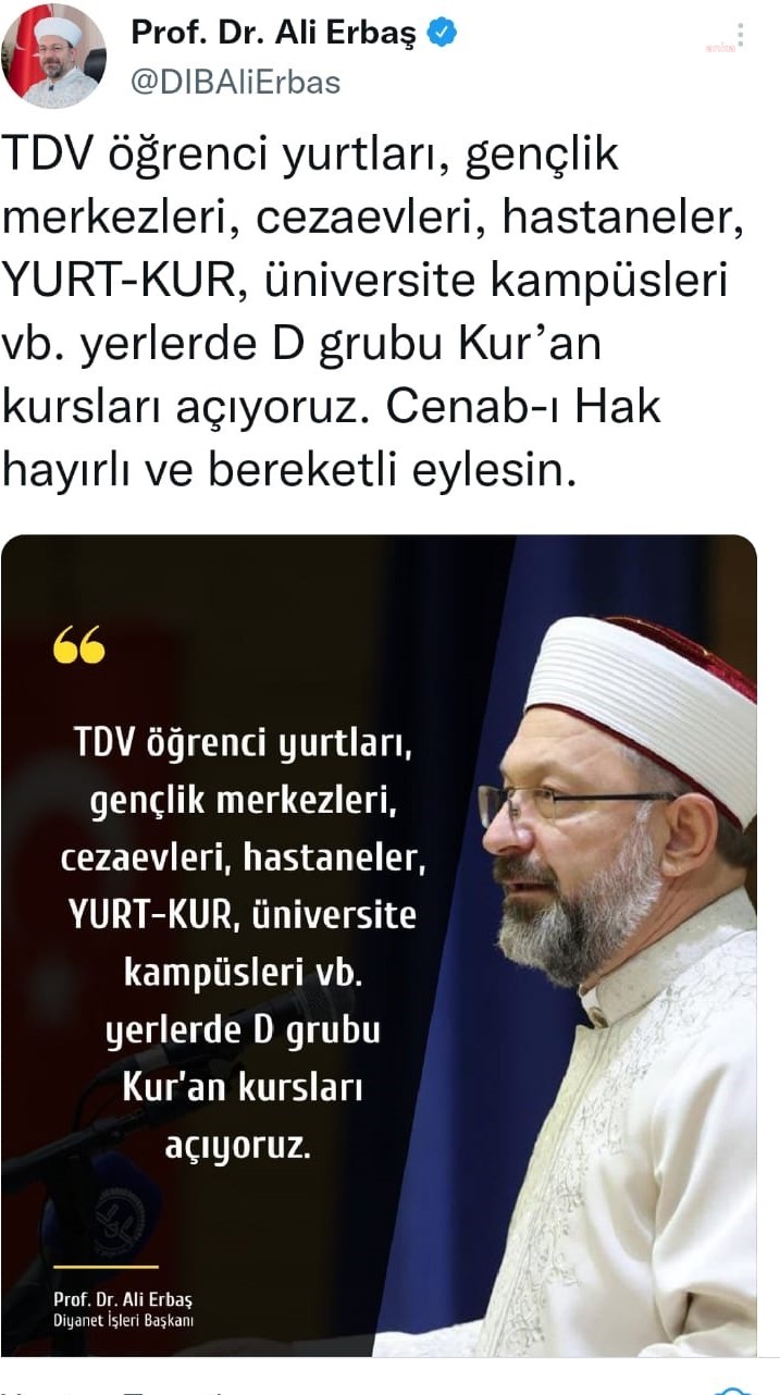 DİYANET, ÜNİVERSİTE KAMPÜSLERİ, ÖĞRENCİ YURTLARI VE HASTANELERDE KUR’AN KURSU AÇACAK