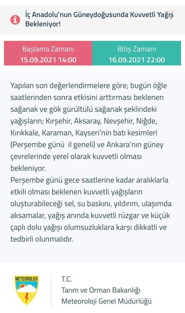 METEOROLOJİ UYARDI: ANKARA VE İÇ ANADOLU’NUN GÜNEYDOĞUSUNDA KUVVETLİ YAĞIŞA DİKKAT