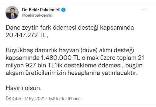 BAKAN PAKDEMİRLİ, ZEYTİN VE DAMIZLIK DESTEKLERİNİN BU AKŞAM YATIRILACAĞINI DUYURDU