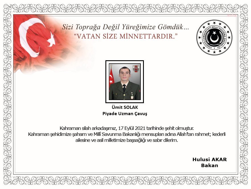MSB: "PİYADE UZMAN ÇAVUŞ ÜMİT SOLAK ŞEHİT OLMUŞTUR"