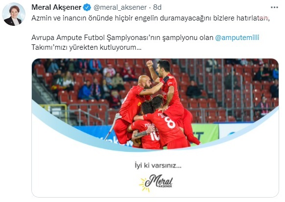 AKŞENER'DEN AMPUTE FUTBOL MİLLİ TAKIMI'NA: "İYİ Kİ VARSINIZ"