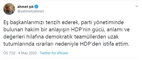 AHMET ŞIK, HDP’DEN İSTİFA ETTİ