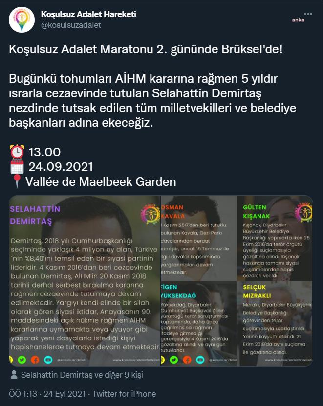 KOŞULSUZ ADALET HAREKETİ, DEMİRTAŞ İÇİN BRÜKSEL’DE