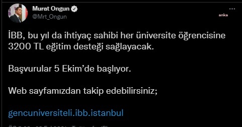 İBB’DEN İHTİYAÇ SAHİBİ ÜNİVERSİTELİLERE 3 BİN 200 LİRALIK EĞİTİM DESTEĞİ