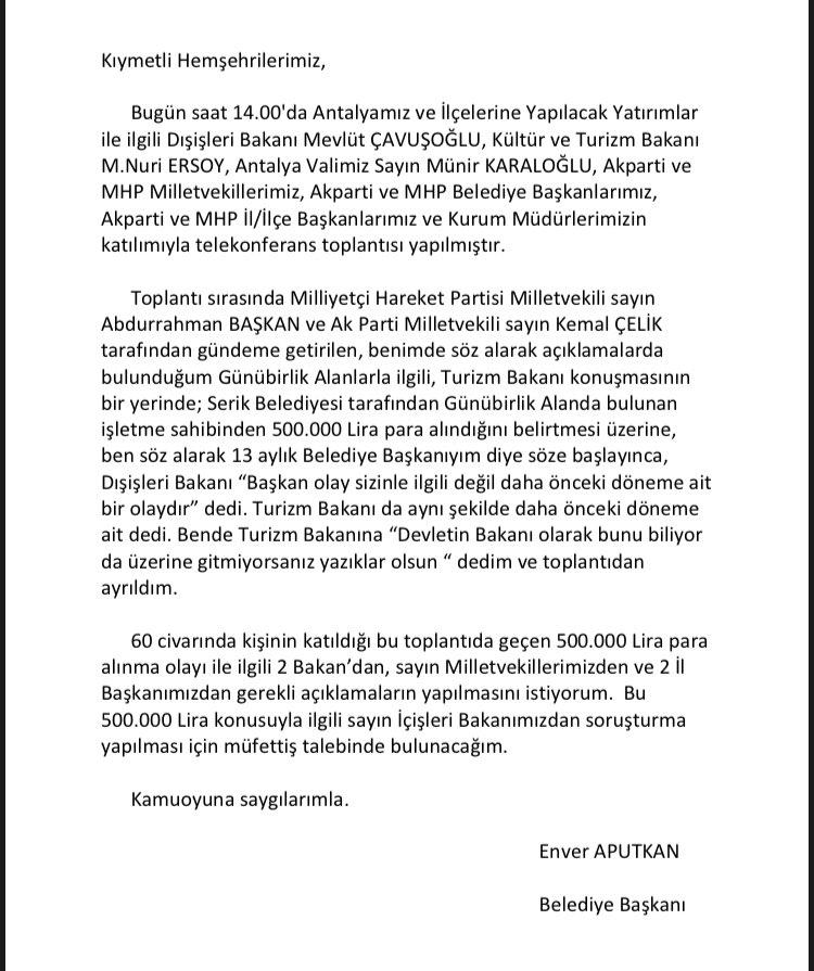 ANTALYA'DA BÜYÜK RÜŞVET SUÇLAMASI :  AKP’Lİ SERİK BELEDİYE BAŞKANI BAKANLARLA RÜŞVET KAVGASINI AÇIKLADI