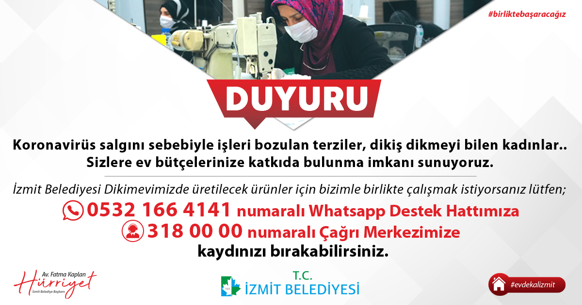 İZMİT BELEDİYESİ'NDEN İŞ KAYBINA UĞRAYAN TERZİ VE DİKİŞ BİLEN KADINLARA DESTEK