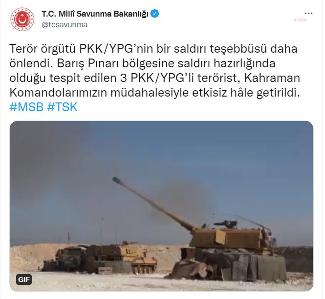 MSB: SALDIRI HAZIRLIĞINDAKİ 3 PKK/YPG’Lİ TERÖRİST ETKİSİZ HALE GETİRİLDİ