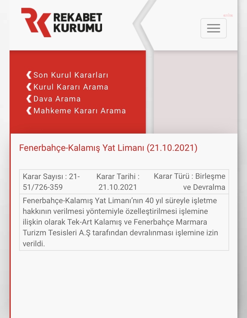 KALAMIŞ YAT LİMANI'NIN KOÇ HOLDİNG'E DEVRİNE ONAY VERİLDİ