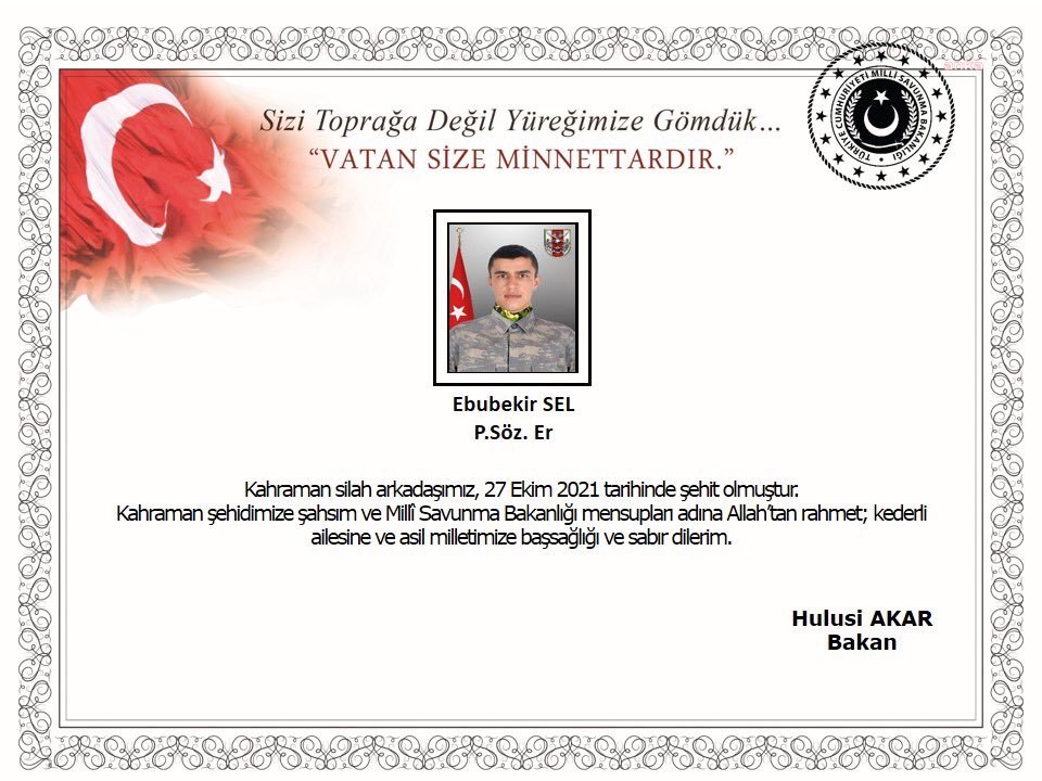 MSB: PİYADE SÖZLEŞMELİ ER EBUBEKİR SEL ŞEHİT OLDU