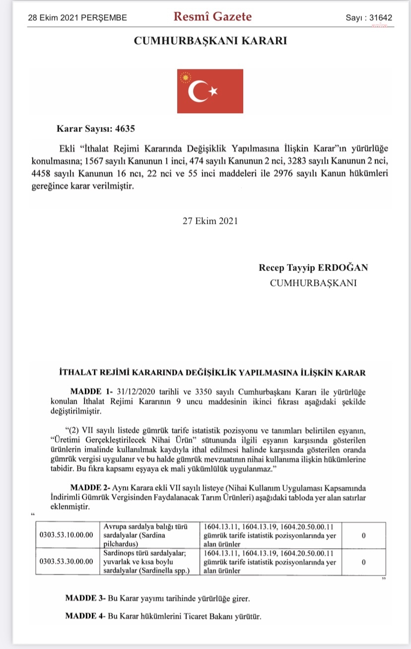 KONSERVELİK SARDALYA İTHALATINDA GÜMRÜK VERGİSİ SIFIRLANDI