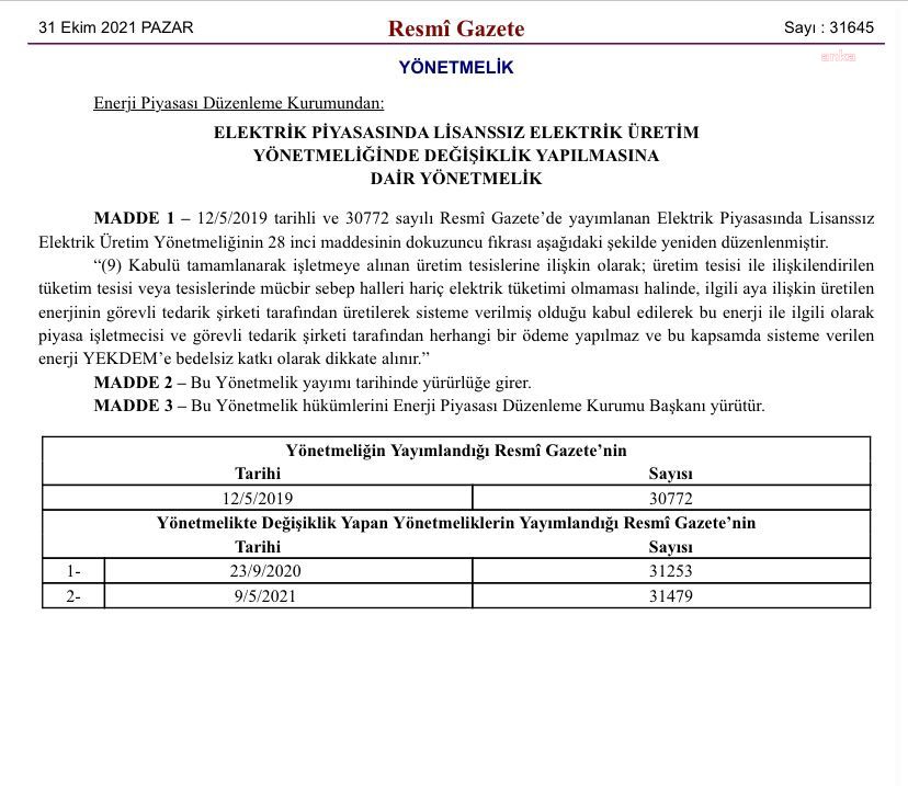EPDK, ÜRETİM TESİSLERİNDE TÜKETİM OLMAMASI HALİNDE ÜRETİLEN ENERJİYİ BEDELSİZ KATKI OLARAK DİKKATE ALACAK