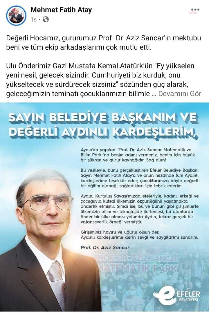 BİLİM İNSANI AZİZ SANCAR’DAN BAŞKAN ATAY’A ANLAMLI MEKTUP