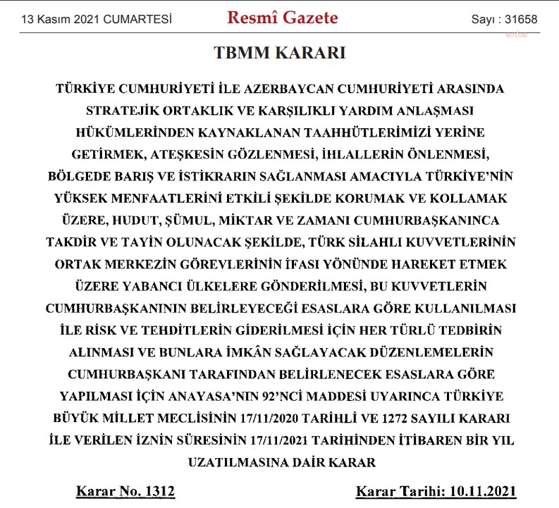 AZERBAYCAN TEZKERESİ RESMİ GAZETE'DE YAYINLANDI