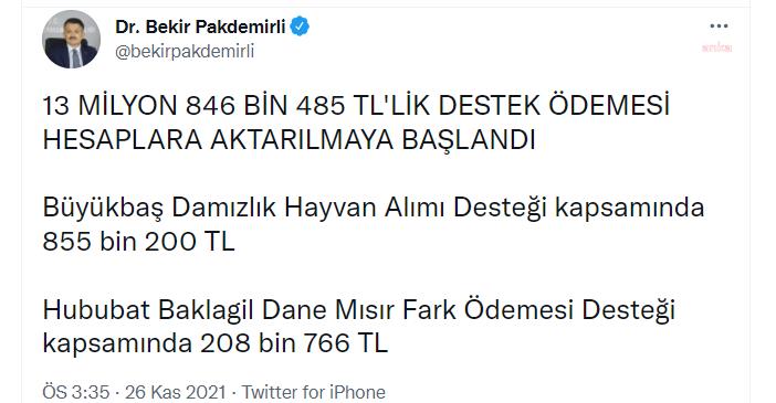 BAKAN PAKDEMİRLİ, ÜRÜN FARK ÖDEMELERİNİN ÇİFTÇİLERİN HESAPLARINA AKTARILDIĞINI AÇIKLADI
