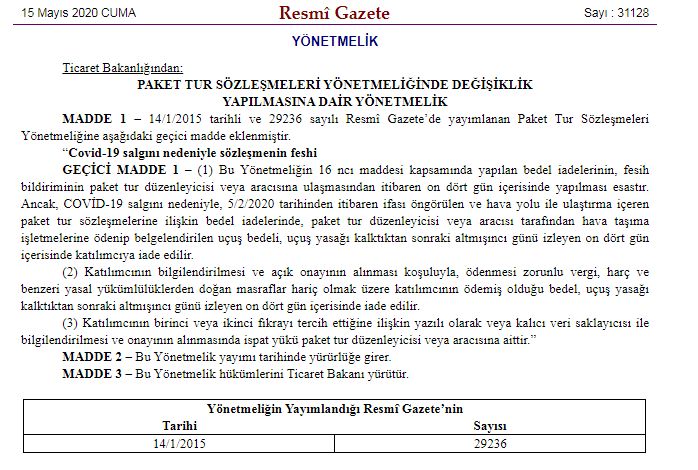 PAKET TURLARIN BEDELLERİ İADE EDİLEBİLECEK