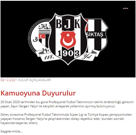 BEŞİKTAŞ: SERGEN YALÇIN İLE KARŞILIKLI ANLAŞARAK YOLLARIMIZI AYIRMIŞ BULUNUYORUZ