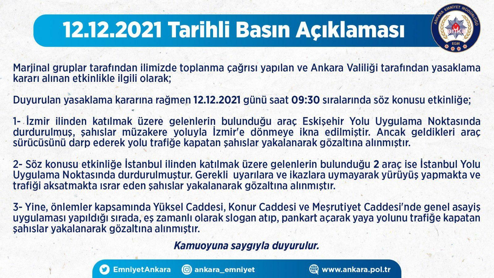 ANKARA EMNİYETİ’NDEN GÖZALTINA ALINAN ÖĞRENCİLERLE İLGİLİ AÇIKLAMA