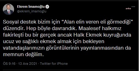 İMAMOĞLU: “EKMEK ALMAK İÇİN BEKLEYEN VATANDAŞLARIMIZIN GÖRÜNTÜLERİNİN YAYINLANMASINDAN MEMNUN DEĞİLİM”
