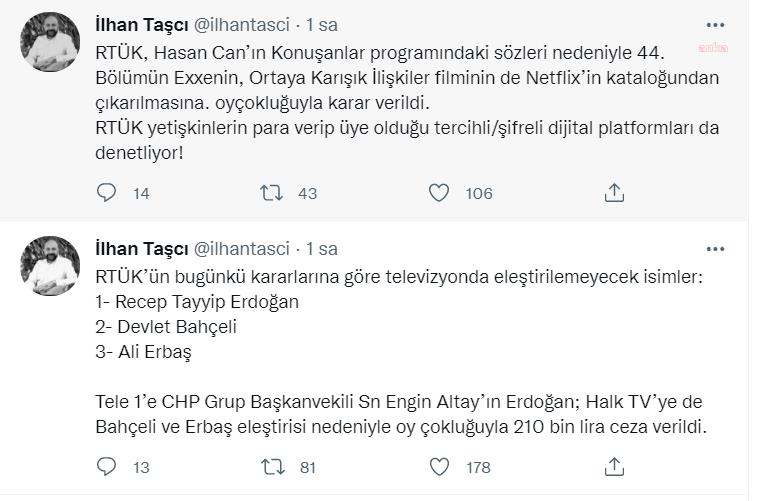 RTÜK ÜYESİ TAŞÇI: “TELEVİZYONDA ELEŞTİRİLEMEYECEK İSİMLER: 1- RECEP TAYYİP ERDOĞAN 2- DEVLET BAHÇELİ 3- ALİ ERBAŞ”