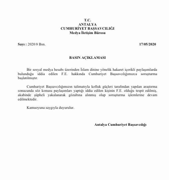 İSLAM'A HAKARET İÇERİKLİ PAYLAŞIMA GÖZALTI