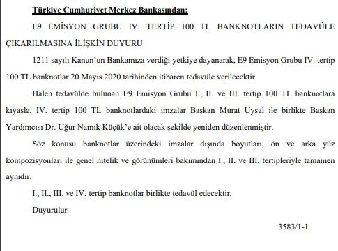 YENİ 100 TL’LİK BANKNOTLAR ÇARŞAMBA GÜNÜ PİYASAYADA