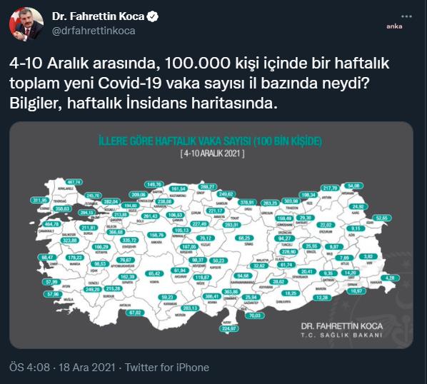 BAKAN KOCA İLLERE GÖRE VAKA SAYILARINI AÇIKLADI: EN ÇOK VAKA SAYISI KIRKLARELİ'NDE