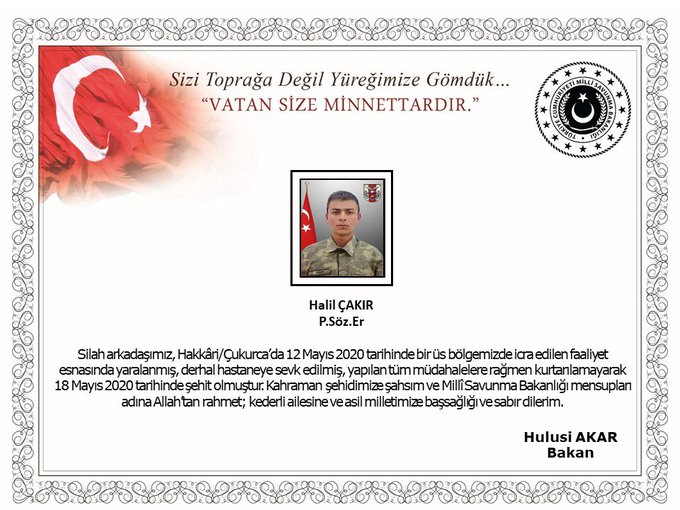 HAKKARİ’DE HASTANEYE KALDIRILAN HALİL ÇAKIR ŞEHİT OLDU